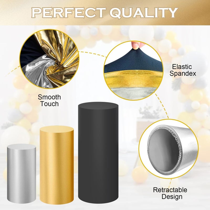 SaitiMade Set of 3 Gold Silver Black Cylinder Pedestal Stand Covers, 3pcs Spandex Mixed Colors Cylinder Stand Covers for Party, Wedding or Birthday Event Decor (Only Contains Colorful Cylinder Covers) - Image 4